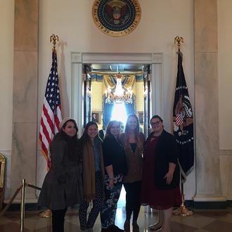 Dyer Fellows visit White House in Washington D.C. Fellows prepared to enter the Blue Room of the White House. Photographed (L to R): Celeste Benson, Maria Karahalios, Bethany Bebik, Rachael Houston and Ariel Lasher.