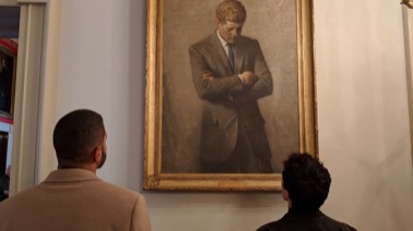 Fellows Nicholas Smith and John Quinn admire the Kennedy portrait outside of the Red Room in the White House. (Dyer March 2018)
