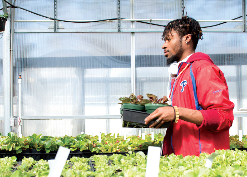 CCU student worker Jalen Carr prepares a tray of begonias for planting on campus.