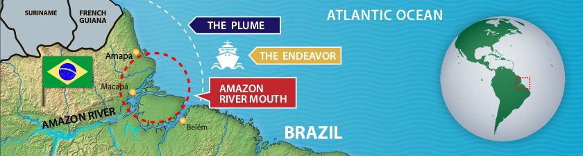 Map of the Amazon, showing the research vessel, The Endeavor