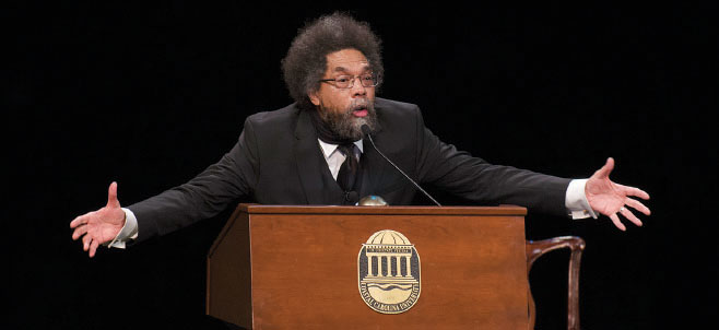 Cornel West spoke to a capacity audience at Wheelwright Auditorium.