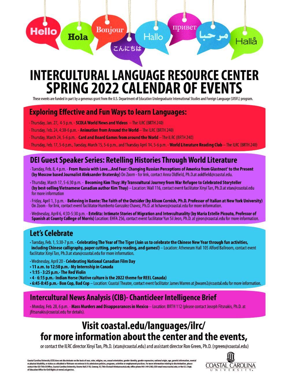 A calendar of Intercultural Language Resource Center's spring semester events 