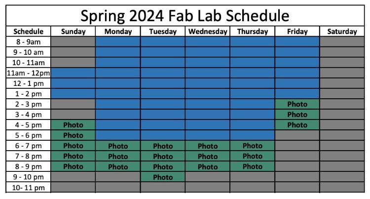 Spring 2024 Fab Lab Hours (Added 1/23/24) MCD