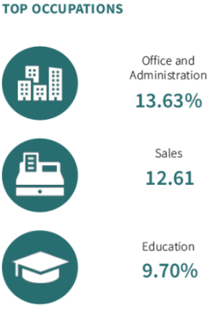 An infographic depicting top occupations - Office and Admin 13.63 percent, Sales 12.61 percent, and Education 9.70%