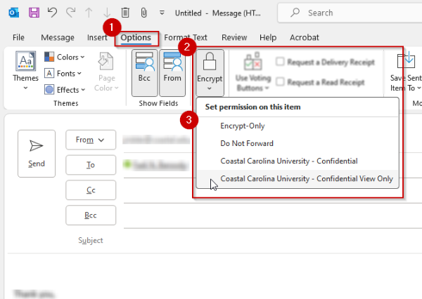 A screenshot of encryption options for new mail messages using the Outlook program on a desktop.