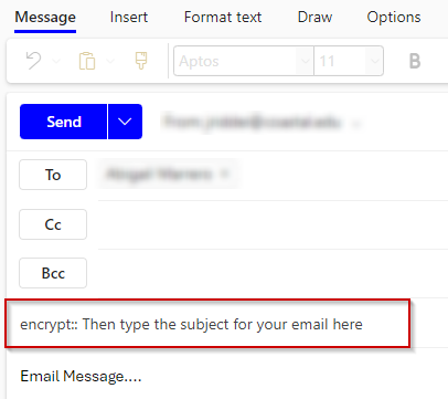 A screenshot representing the addition of encrypt:: in the subject field for new mail messages.