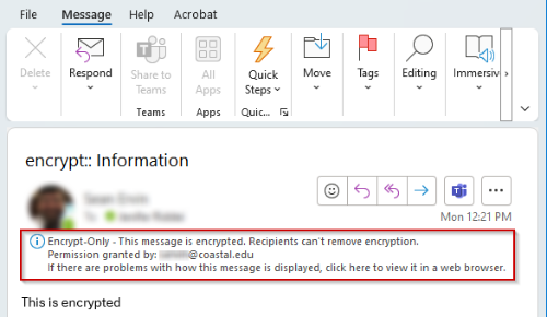 A screenshot that shows how an encrypted-only email is viewed by the recipient.