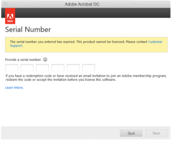 A screenshot of the Adobe Acrobat license expiration screen