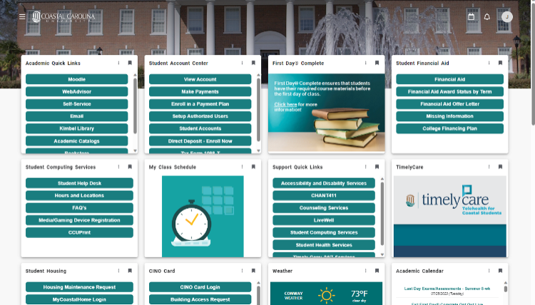 A screenshot of a student's MyCCU dashboard