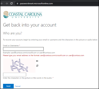 Figure 1:A screenshot of https://passwordreset.microsoftonline.com website where new employees can set up their new CCU account.