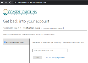 Figure 3: A screenshot indicating a verification code was sent to the personal email address from the employee’s CCU employment.