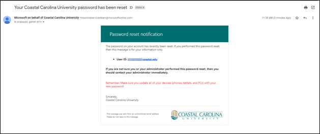 Figure 6: You will receive an email confirming your password change for your new CCU account.