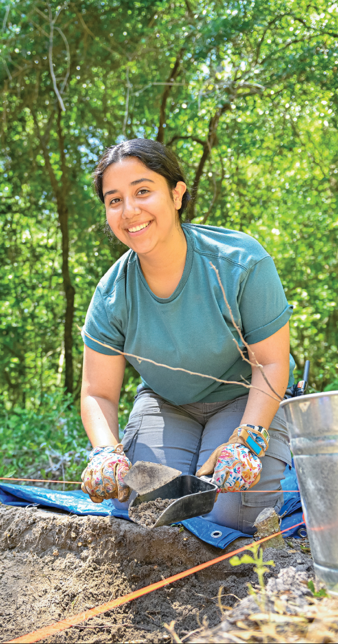 CCU’s archeology field school is located at Brookgreen Gardens in Murrells Inlet, S.C. Nancy Alvarez (above) gets hands-on experience in the field.