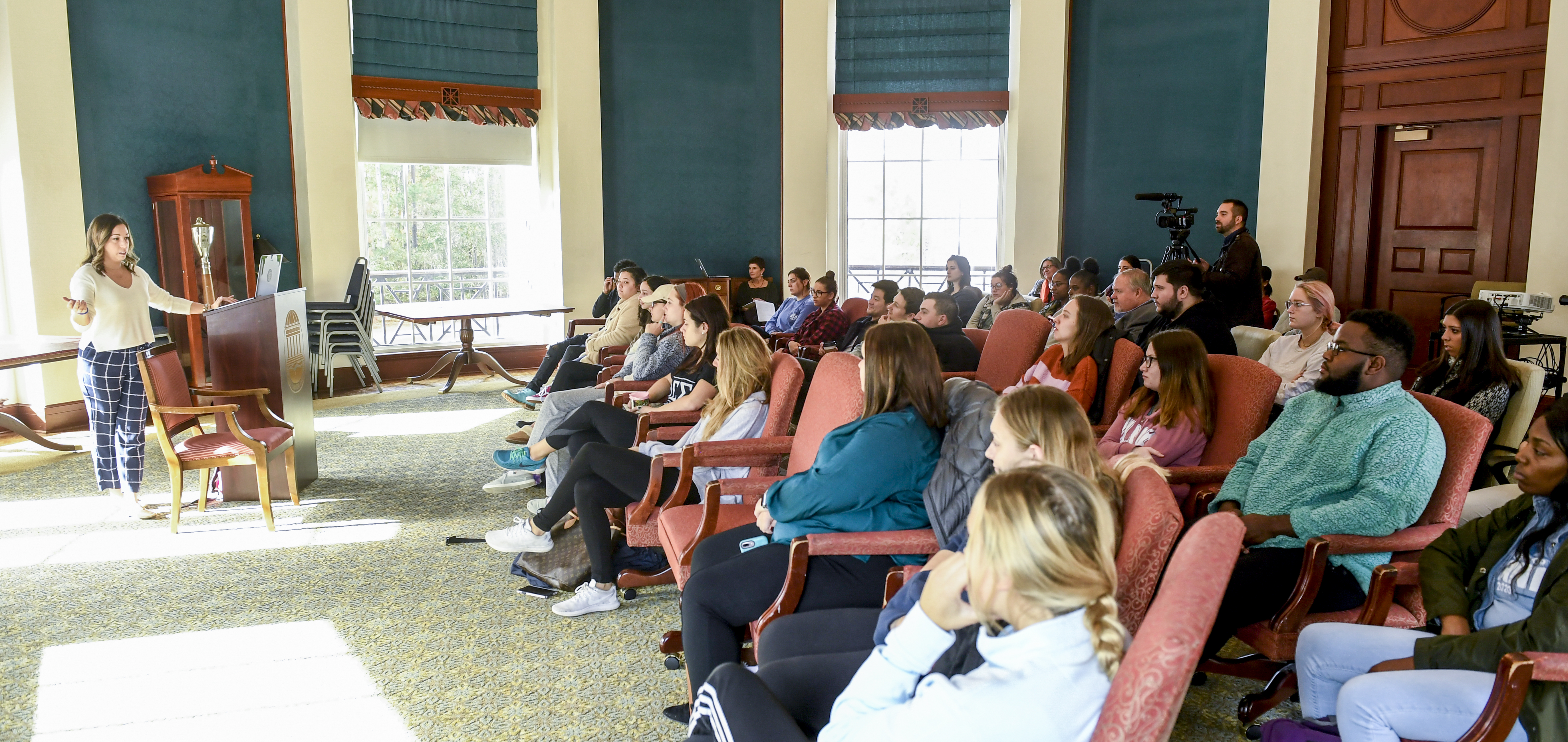 Michelle Russo speaks with CCU students.