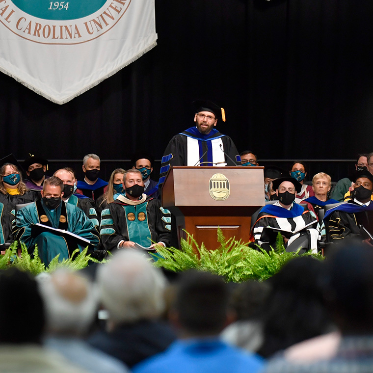 Joseph Fitsanakis, Ph.D., recipient of CCU’s 2021 Professor of the Year Award, served as the commencement speaker.