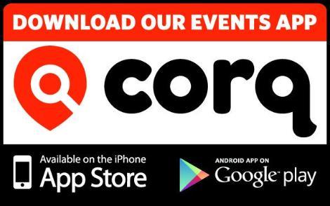 Corq app logo explaining that you can download it in the app store or google play